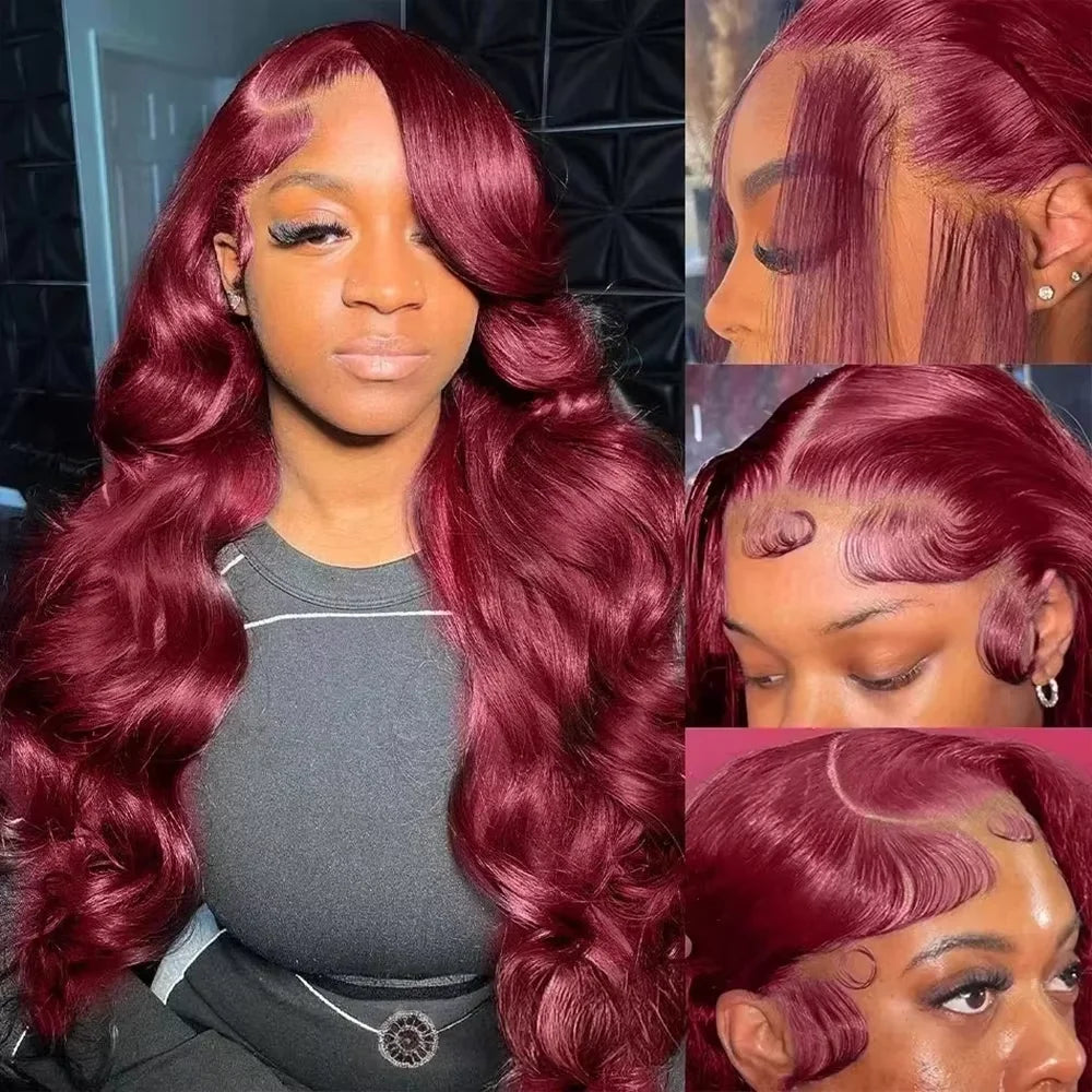 99J Dark Burgundy Colored Body Wave With Bangs Human Hair Wig 13x6 Lace Frontal Wig 13X6 Red Lace Front Human Hair Wigs 13X4 Burgundy 99J Lace Front Wigs Pre Plucked Black Women