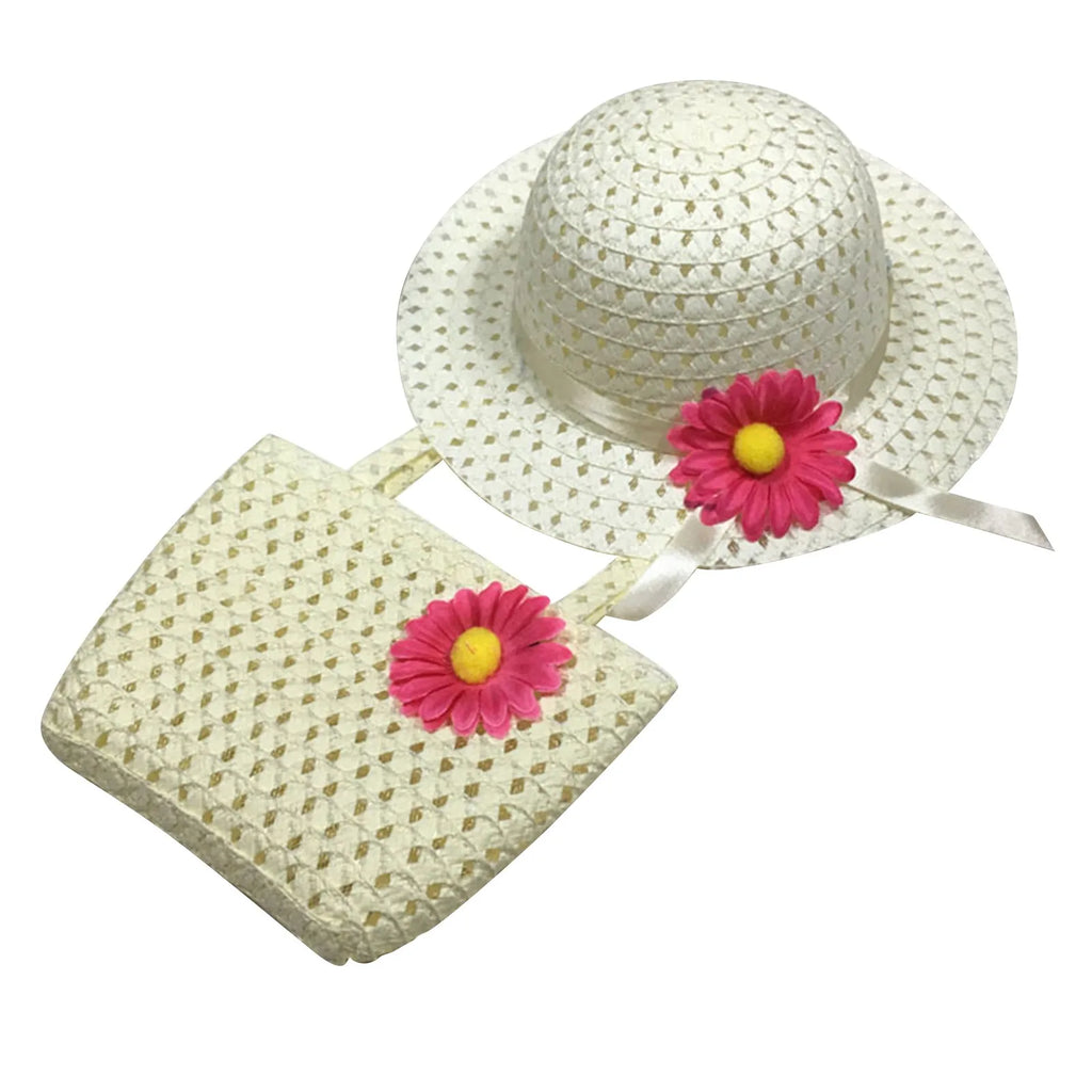 Fashionable Girl's Straw Hat Kids Sun-Protective Princess Hat Children Summer Sunscreen Hat With Portable Storage Bag
