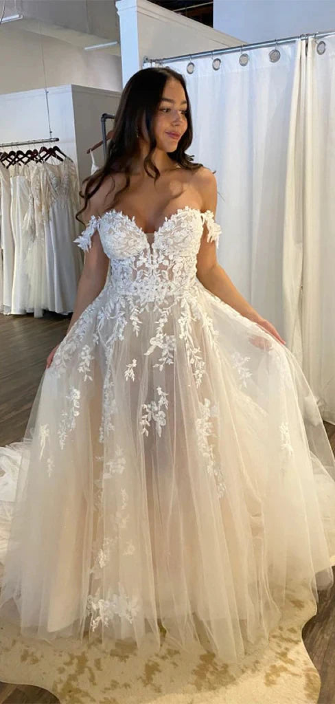 SSYTENS Boho Lace Elegant Wedding Dresses Off Shoulder Applique Bride Gowns Princess Spaghetti Strap Bridal Gown PartyCustomized