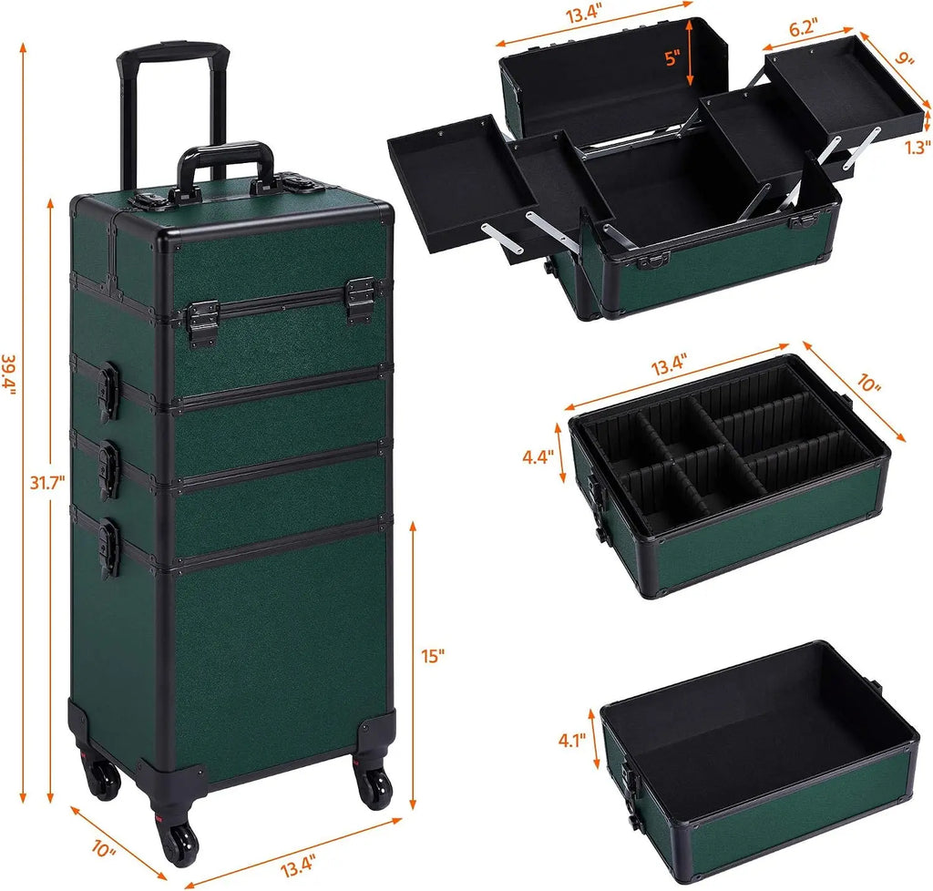 4 In 1 Rolling Makeup Train Case, Lockable Green Cosmetology Cart Aluminum Framed Cosmetic Trolley On Swivel Wheels With Stackable Accordion Trays For Nail Makeup Supplies Storage, Green