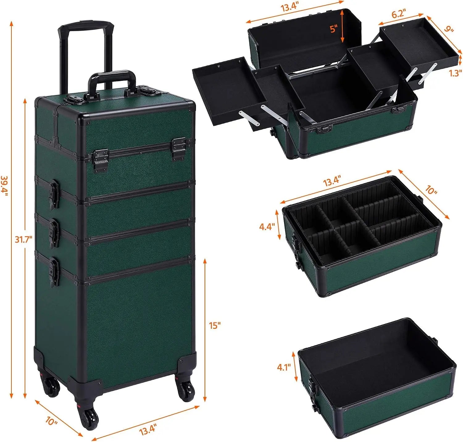 4 In 1 Rolling Makeup Train Case, Lockable Green Cosmetology Cart Aluminum Framed Cosmetic Trolley On Swivel Wheels With Stackable Accordion Trays For Nail Makeup Supplies Storage, Green
