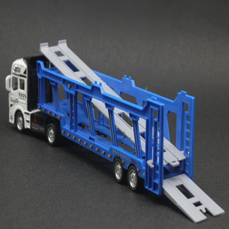 An alloy double-layer transportation vehicle comes with 6 police car sets, a large truck model, with braking function, shock-res