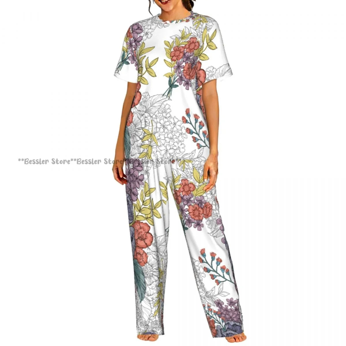 Women's 2-piece set Delicate Daisy Floral Pajamas Short sleeved Top and Pants Sleepwear