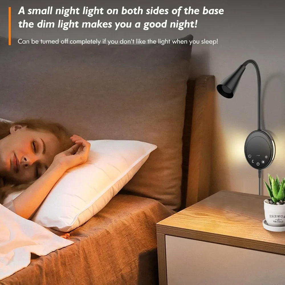 LED Wall Mount Reading Light, Touch Control, Dimmable, USB Output, Night Light & Timers, Flexible Gooseneck Bedside Light