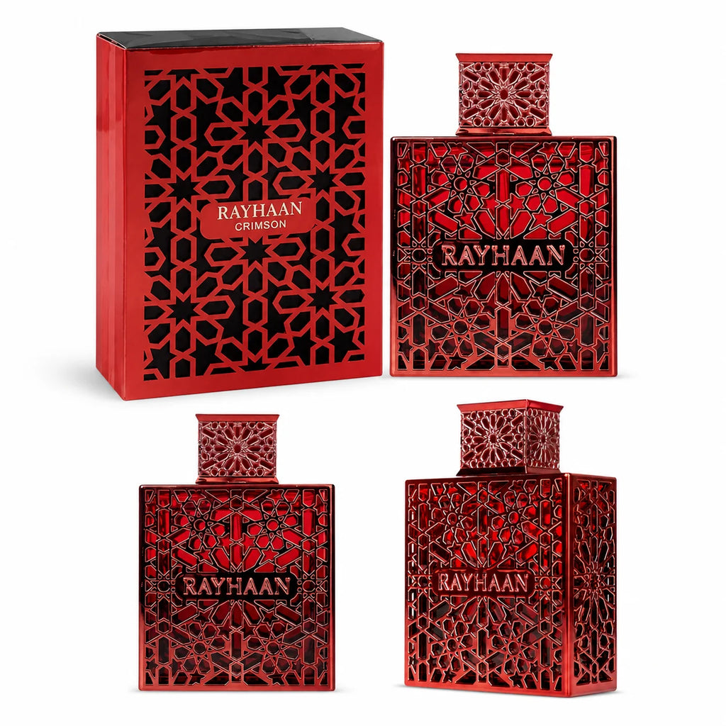 Rayhaan Crimson Red Hollow Carved Geometric Metal Bottle Men Perfume Luxury Arabian Oriental Eau De Toilette Long Lasting Fragrance Mens Cologne Gift Set For Male