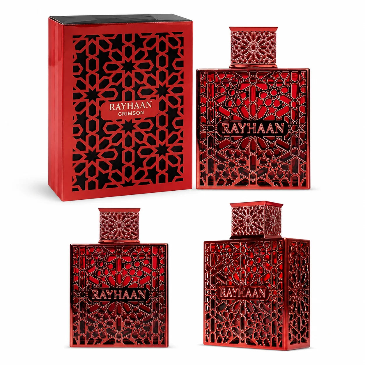Rayhaan Crimson Red Hollow Carved Geometric Metal Bottle Men Perfume Luxury Arabian Oriental Eau De Toilette Long Lasting Fragrance Mens Cologne Gift Set For Male