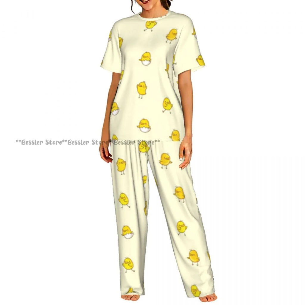 Women's 2-piece set Cartoon Chicken Pattern Pajamas Short sleeved Top and Pants Sleepwear