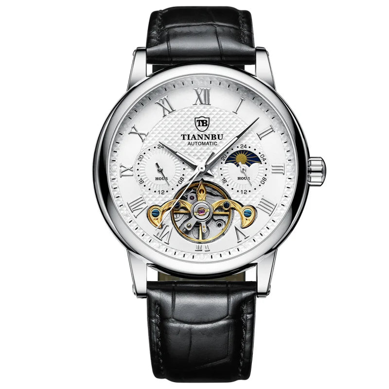 Automatic Mechanical Men's Watch with Luminous Hand Leather Band Waterproof Fashion and Sporty Style Sun Pattern High Quality