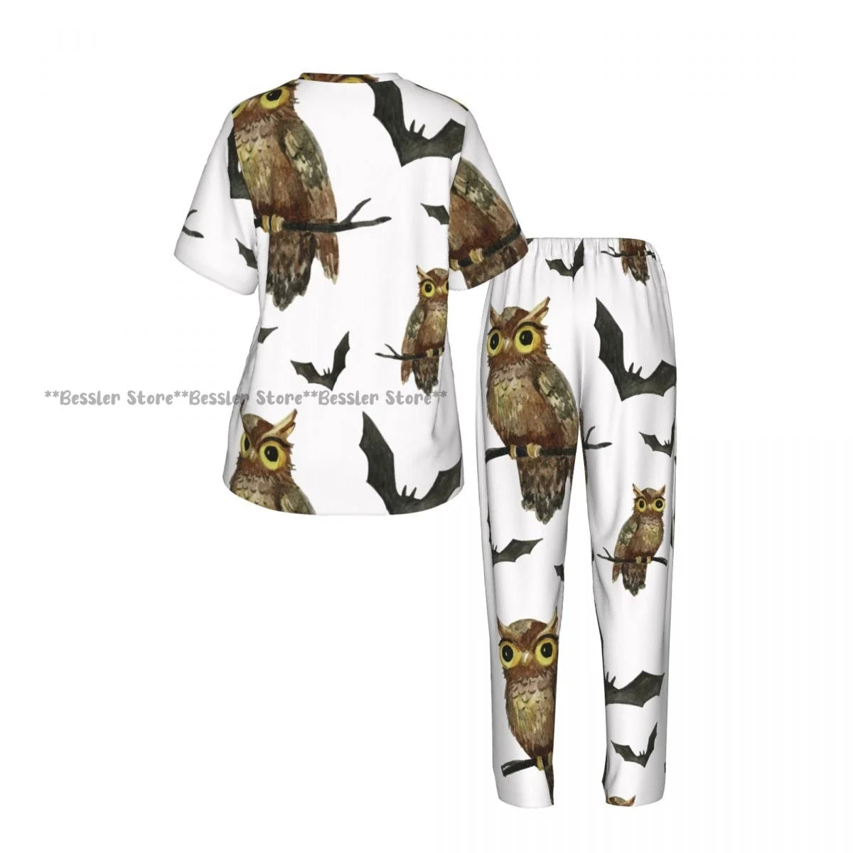 Women's 2-piece set Halloween Owls Bats Pattern Pajamas Short sleeved Top and Pants Sleepwear