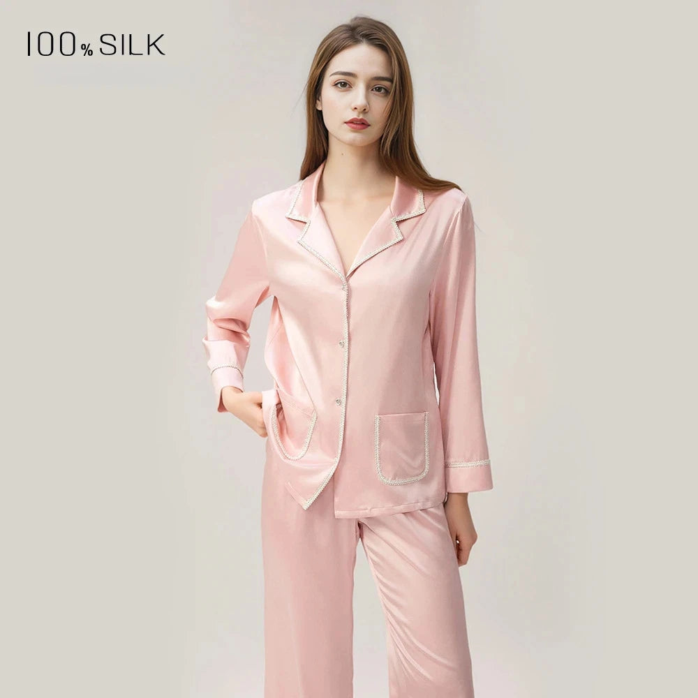 Spring Summer New Women's Heavyweight Mulberry Silk Pajamas Set - Luxury Soft Sleepwear Loungewear Outfit for Comfortable Nightw