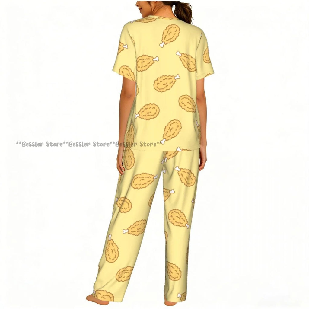 Women Pajama Sets Lounge Sleepwear Crispy Fried Chicken Pattern Short Sleeve Nightwear