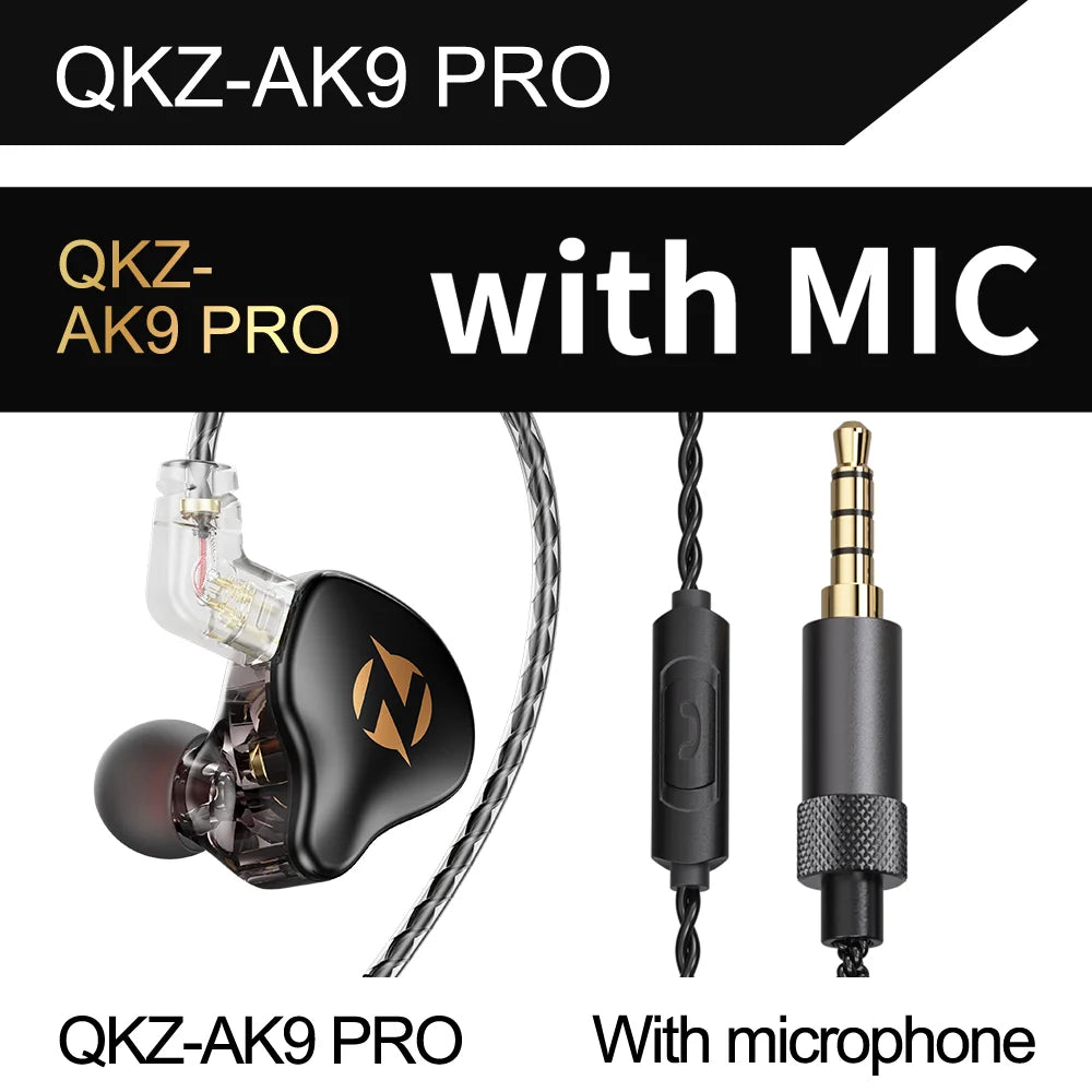 The QKZ AK9 Pro wired earphones are dynamic in-ear monitor earphones with a detachable 2-pin cable and HiFi stereo bass.