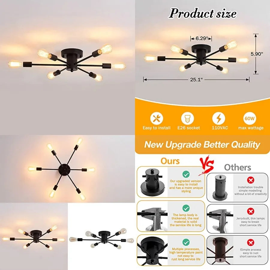 6 Lights Sputnik Semi Flush Mount Ceiling Light Matte Black Modern Edison Chandelier Industrial Close to Ceiling Light for Farm