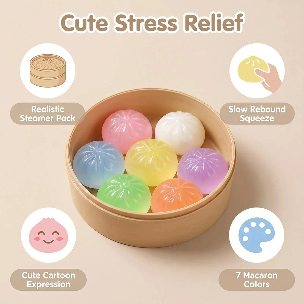 7PC Mini Dumplings with Steamer un Squeezable Toys Set Fidget Sensory Squeeze Ball Simulation Food Bun Kawaii Cute Soft Gift