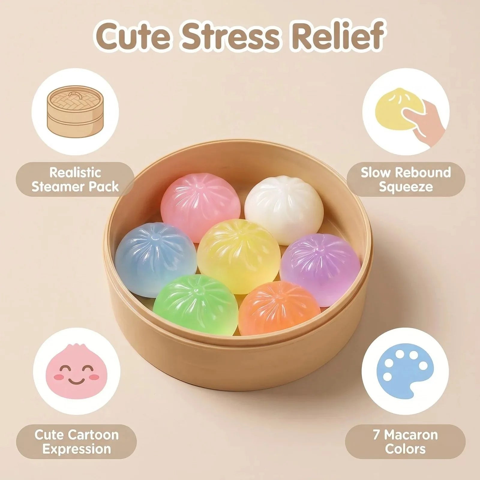 7PC Mini Dumplings with Steamer un Squeezable Toys Set Fidget Sensory Squeeze Ball Simulation Food Bun Kawaii Cute Soft Gift
