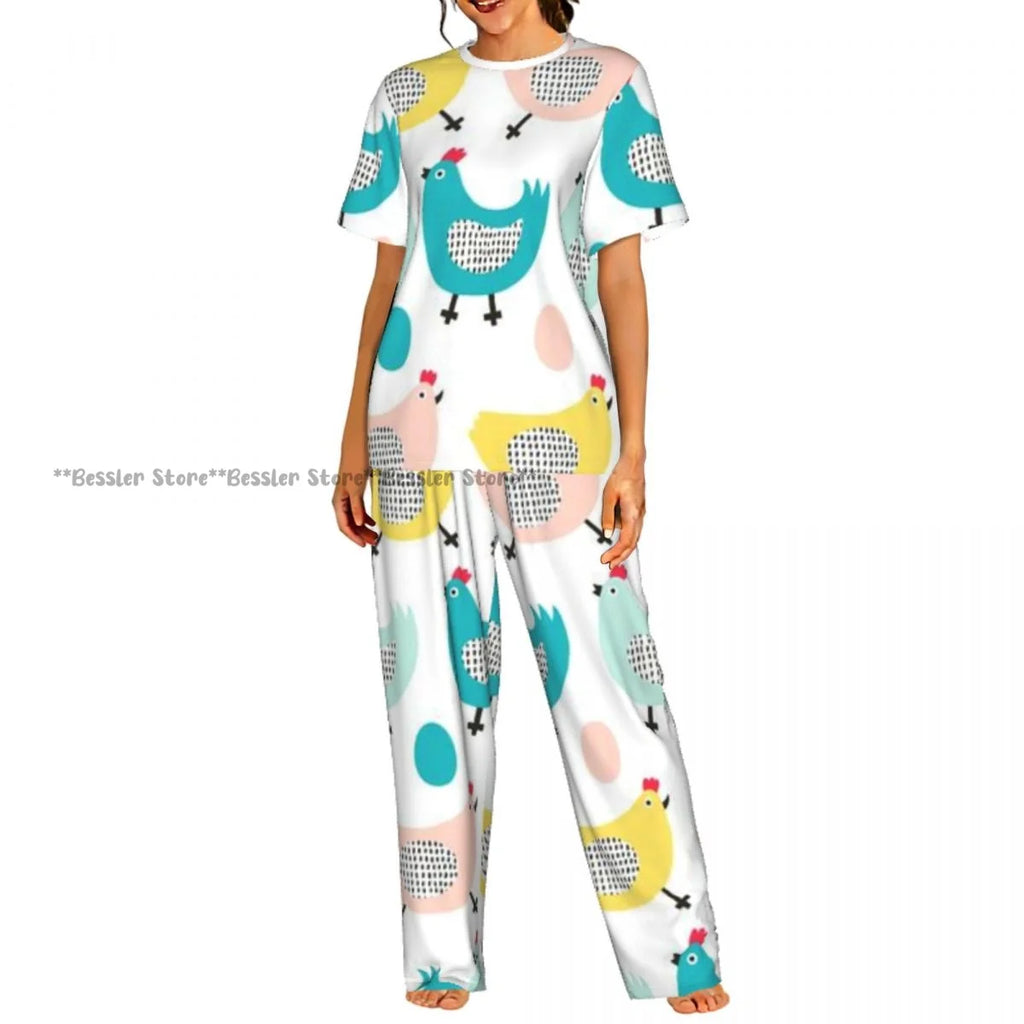Women's 2-piece set Cartoon Chicken Pattern Pajamas Short sleeved Top and Pants Sleepwear