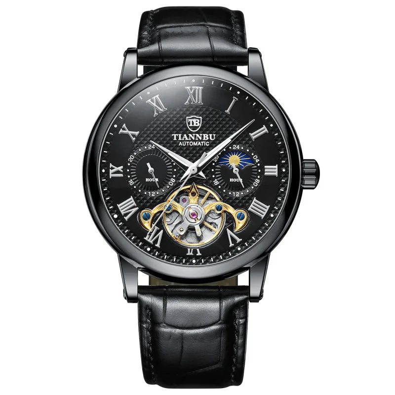Automatic Mechanical Men's Watch with Luminous Hand Leather Band Waterproof Fashion and Sporty Style Sun Pattern High Quality