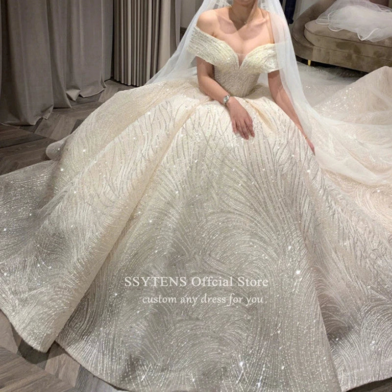 SSYTENS Cheap Wedding Dresses Shiny Wedding Dress Classic Boat Neck Bridal Party Gown Vestido De Noiva Robe De Mariee Customized