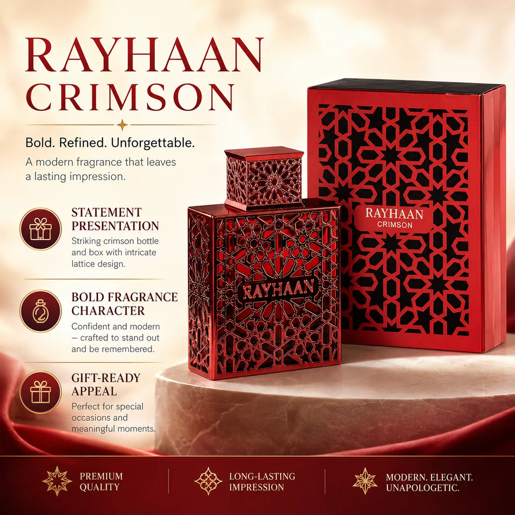 Rayhaan Crimson Red Hollow Carved Geometric Metal Bottle Men Perfume Luxury Arabian Oriental Eau De Toilette Long Lasting Fragrance Mens Cologne Gift Set For Male