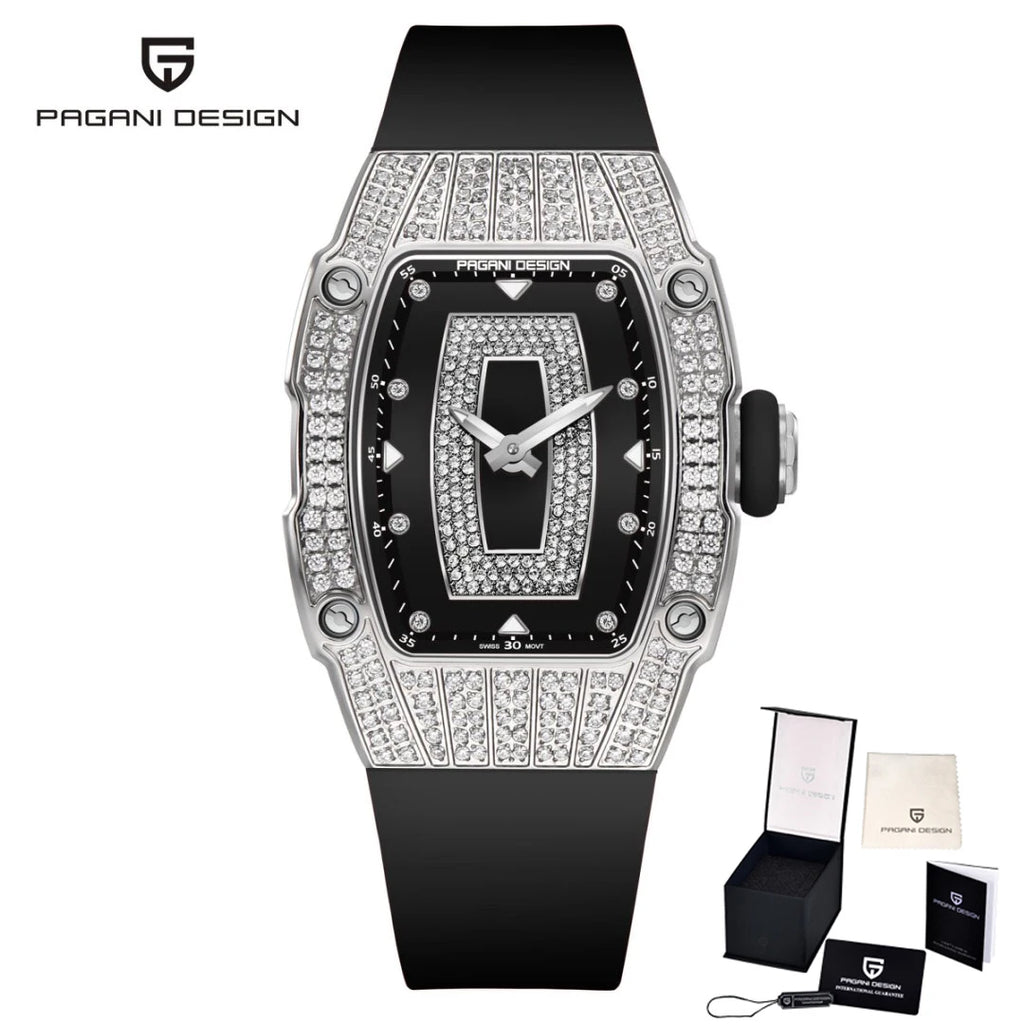 PAGANI DESIGN Top Luxury Diamond encrusted Women's Watch Fashion RubberWaterproof LuminousWine Bucket Case Women'sWatch+Gift Box