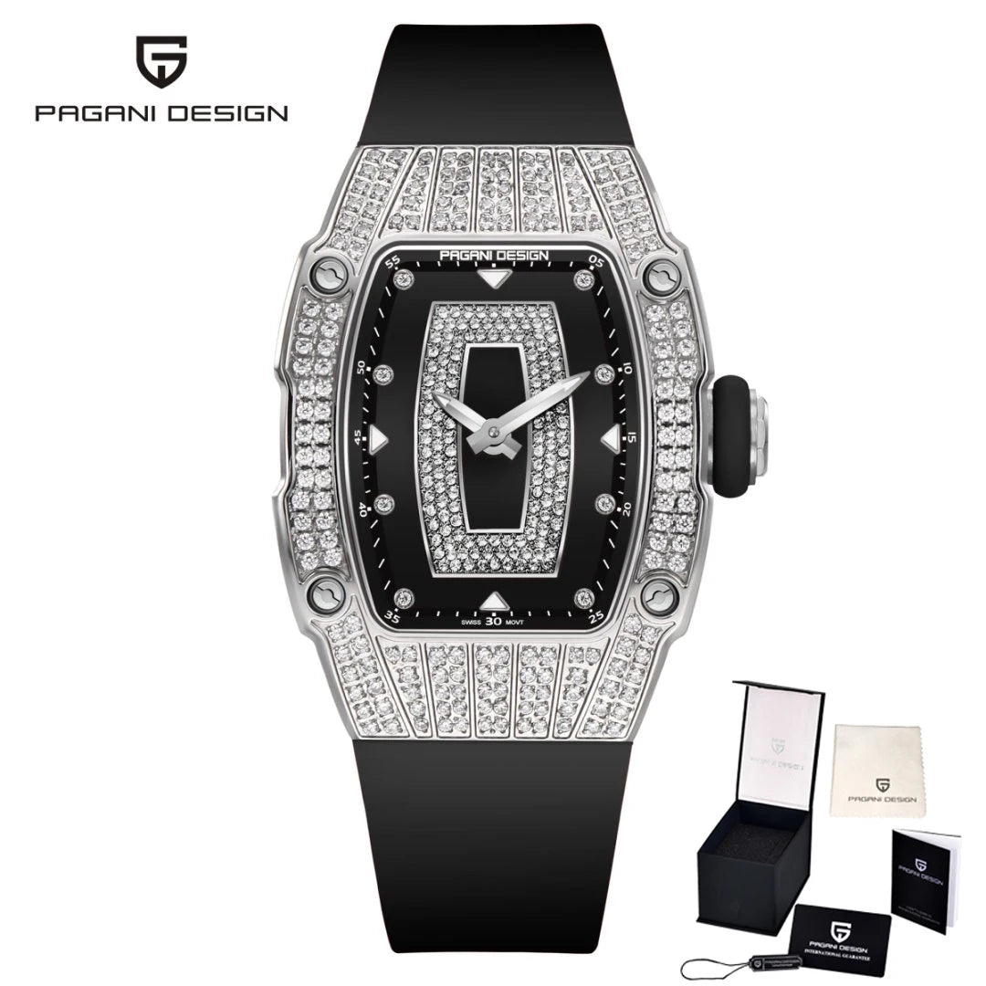 PAGANI DESIGN Top Luxury Diamond encrusted Women's Watch Fashion RubberWaterproof LuminousWine Bucket Case Women'sWatch+Gift Box