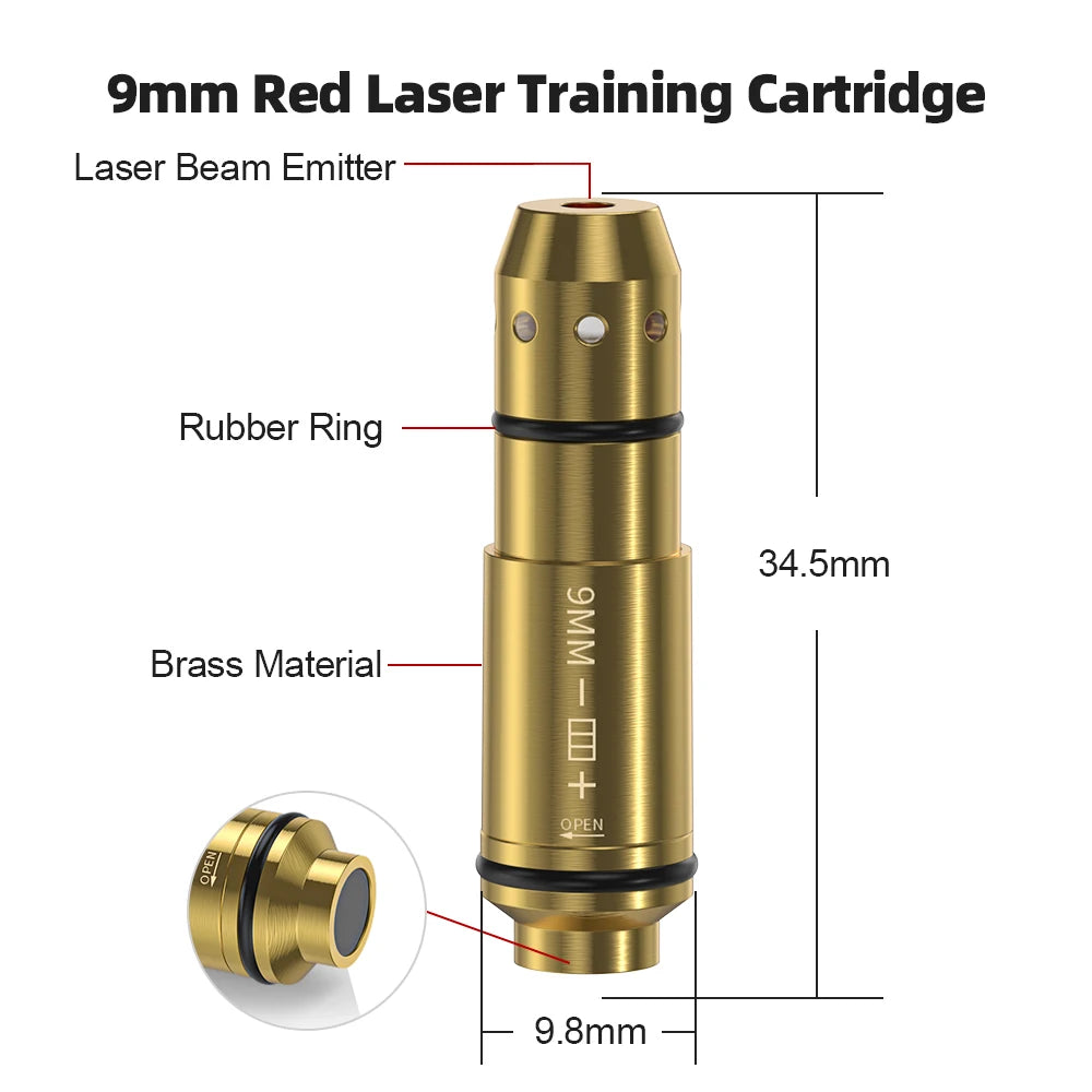 9mm Long (Pointed) Red Laser Training Cartridge Brass Dry Fire Trainer for Shooting Skill Improvement.