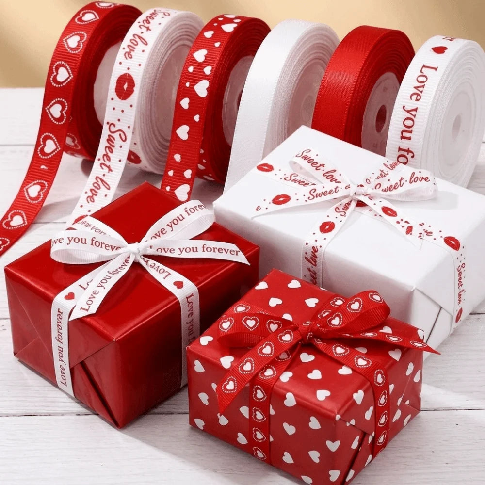 5 Yards Red Love Printed Ribbon Single-Sided Handmade Ribbon Heart Print Ribbon Polyester Gift Wrap Rope Valentine's Day
