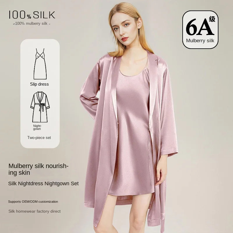 Women Elegant 100% Mulberry Silk Nightdress Robe 2 Piece Set All Season Luxury Gift Loungewear