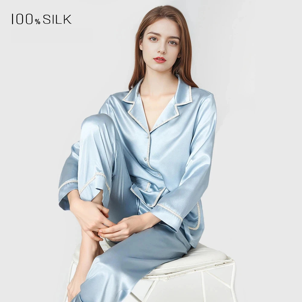 Spring Summer New Women's Heavyweight Mulberry Silk Pajamas Set - Luxury Soft Sleepwear Loungewear Outfit for Comfortable Nightw