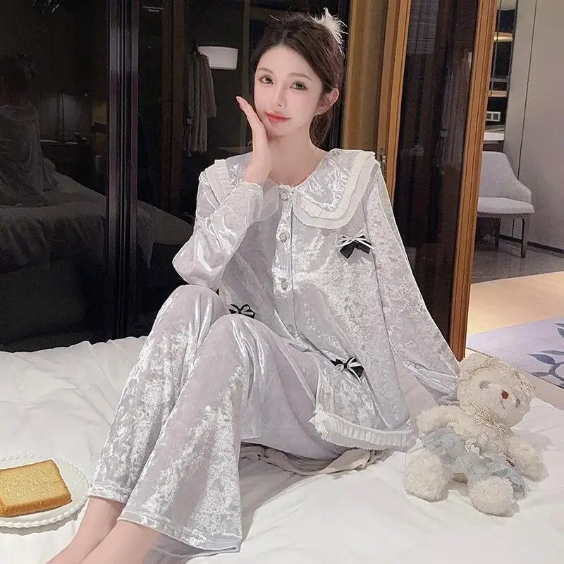 Hot New Women's Skin Friendly Comfortable Pajamas 2025 Cute Doll Collar Autumn Winter Luxury Fashion Home Furnishing Set Gift