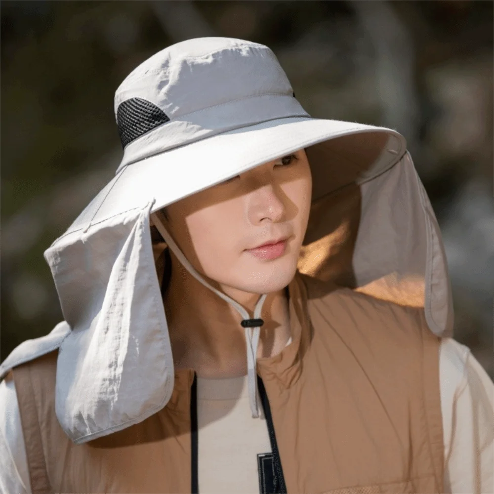 Fashion Cloth Men Sun Hat Big Brim Removable Shawl Women Visor Cap With Lanyard Neck Protection Fisherman Hat Fishing