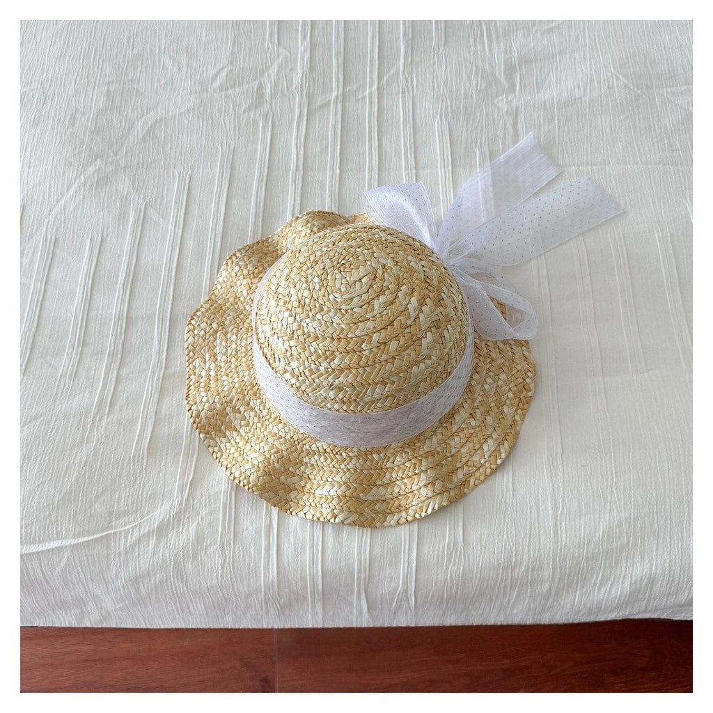 Kids Natural Straw Sun Hat with Chiffon Bow Ribbon Breathable Ruffled Brim Hat for Girls Summer Beach Activities Head Wear BT14