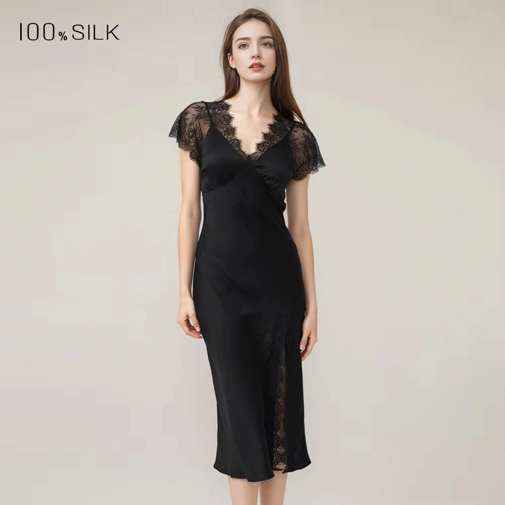 Women Sexy Lace Silk Nightdress 19 Momme Mulberry Silk Slit Design With Chest Pad Sleepwear Outdoor Dress