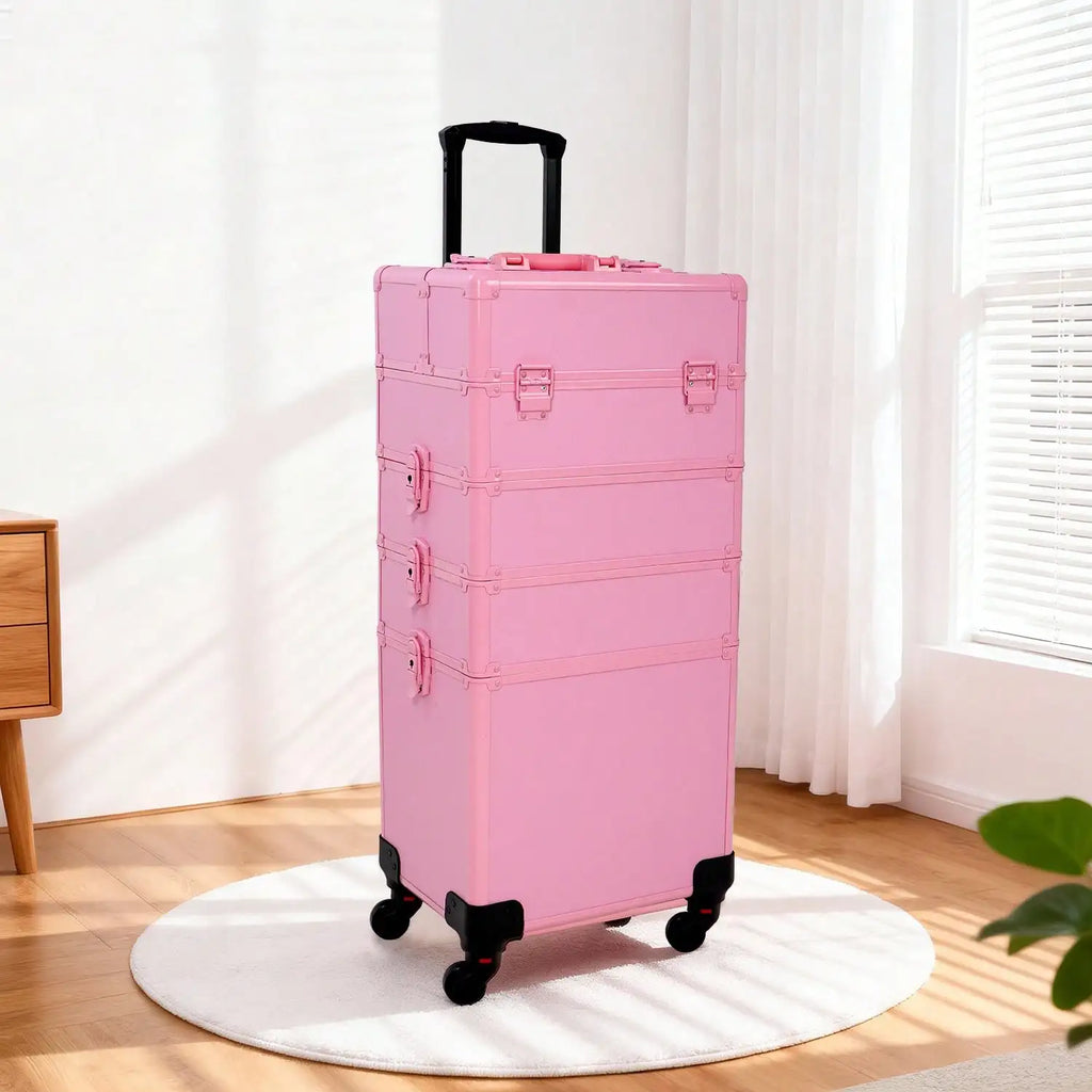 Rolling Makeup Train Case 4 in 1 Cosmetology Case on Wheels, Large Cosmetic Organizer with Lid & Lock, Professional Travel Makeup Trolley for Salon Barber, Pink