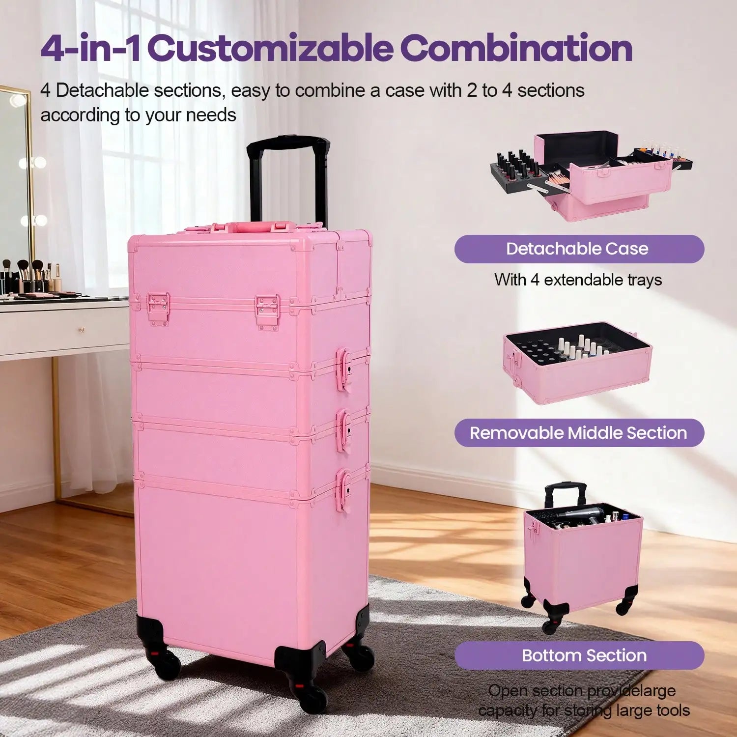 Rolling Makeup Train Case 4 in 1 Cosmetology Case on Wheels, Large Cosmetic Organizer with Lid & Lock, Professional Travel Makeup Trolley for Salon Barber, Pink