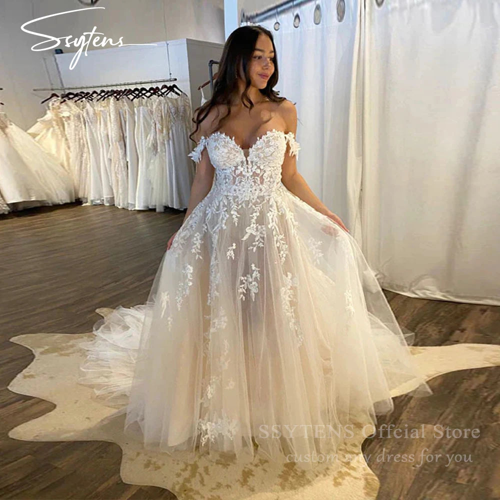 SSYTENS Boho Lace Elegant Wedding Dresses Off Shoulder Applique Bride Gowns Princess Spaghetti Strap Bridal Gown PartyCustomized