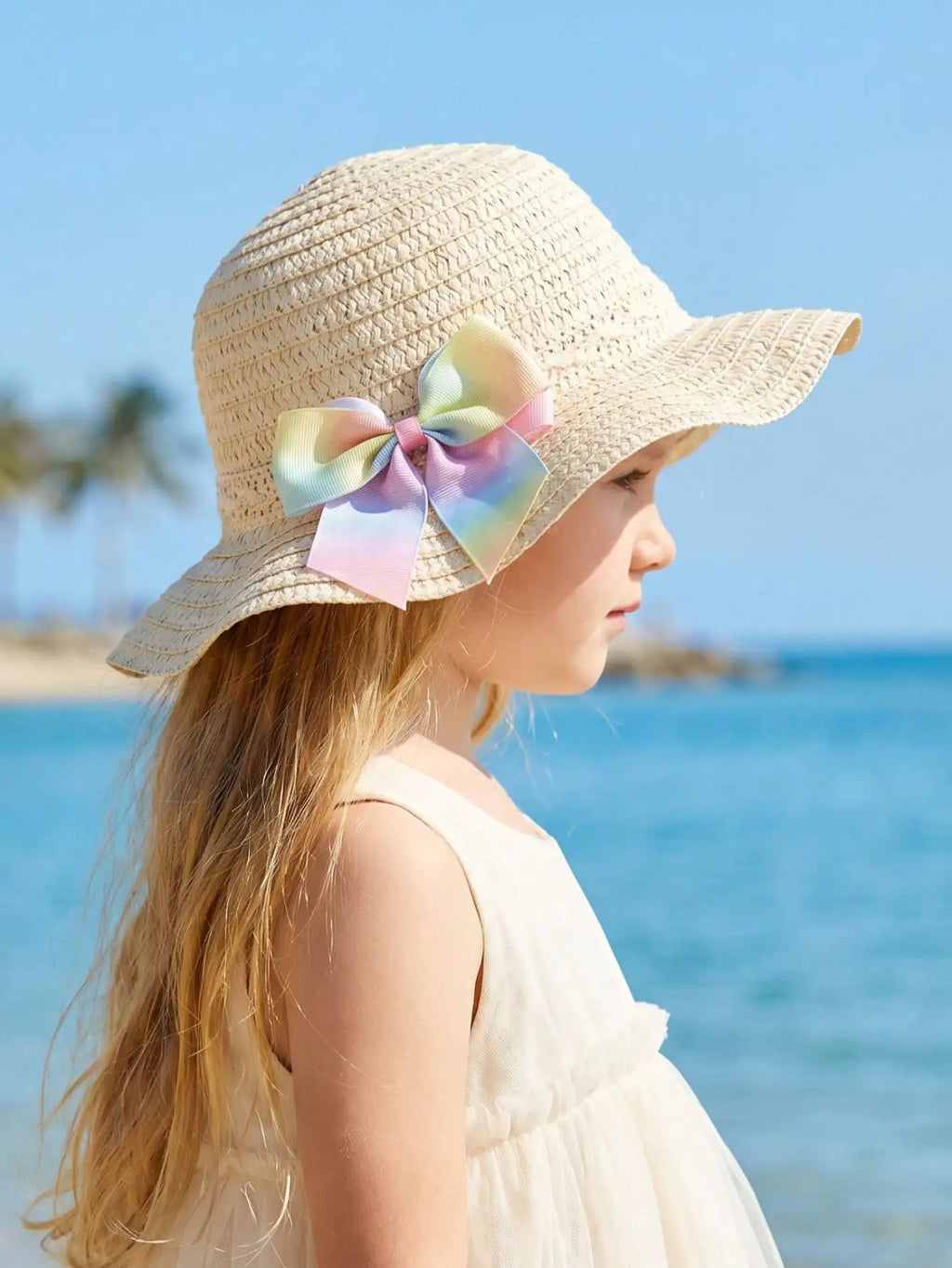 1Pc 1-5Y Girls Beige Straw Hat With Colorful Bow Light Breathable Sun Hat For Beach Outdoor Sports Holiday Daily Wear