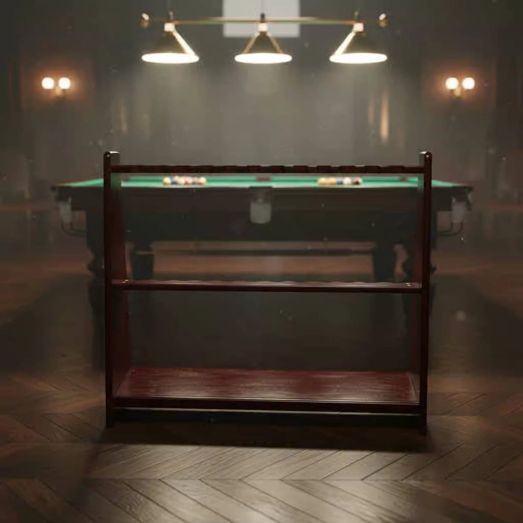 Floor-Standing Cue Rack Lower Shelf Wood Cue Rack Pool Stick Holder Trapezoid Profile Game Room Storage Furniture-Grade