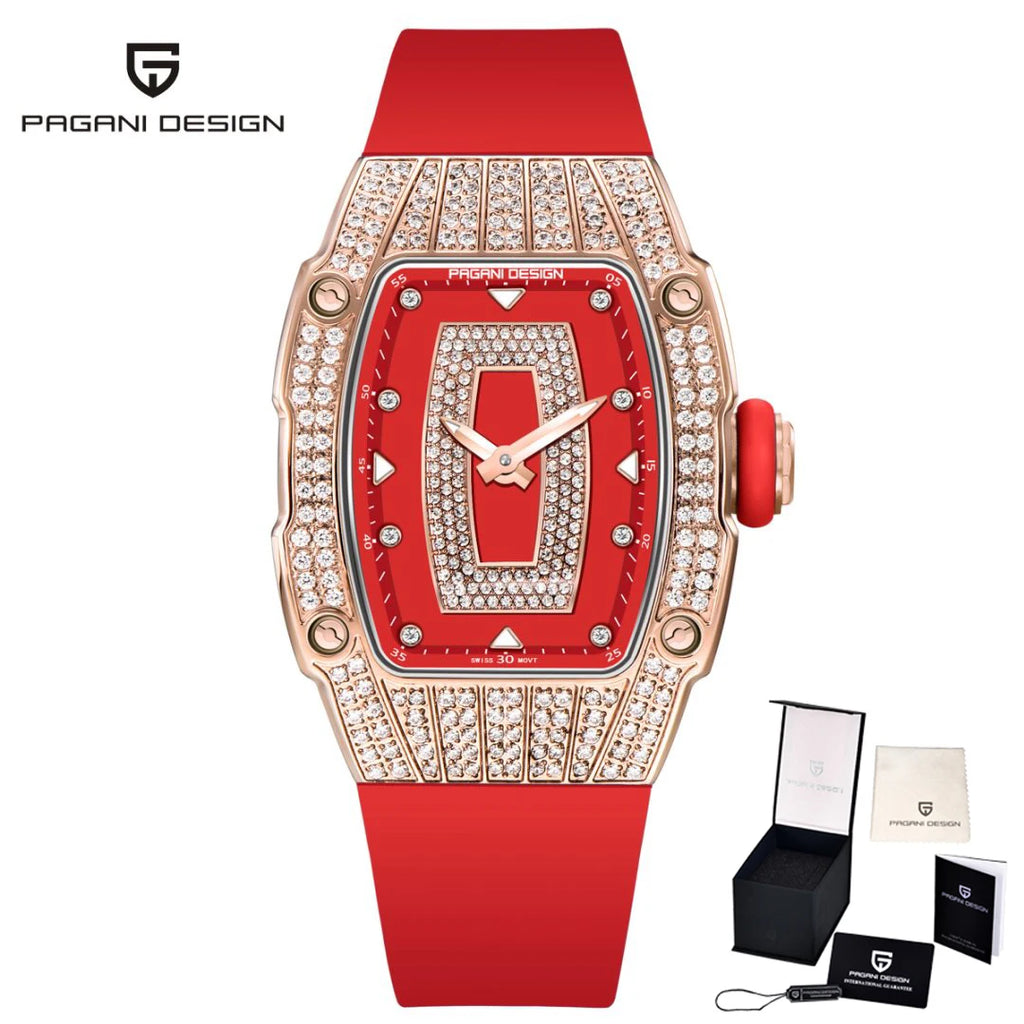 PAGANI DESIGN Top Luxury Diamond encrusted Women's Watch Fashion RubberWaterproof LuminousWine Bucket Case Women'sWatch+Gift Box