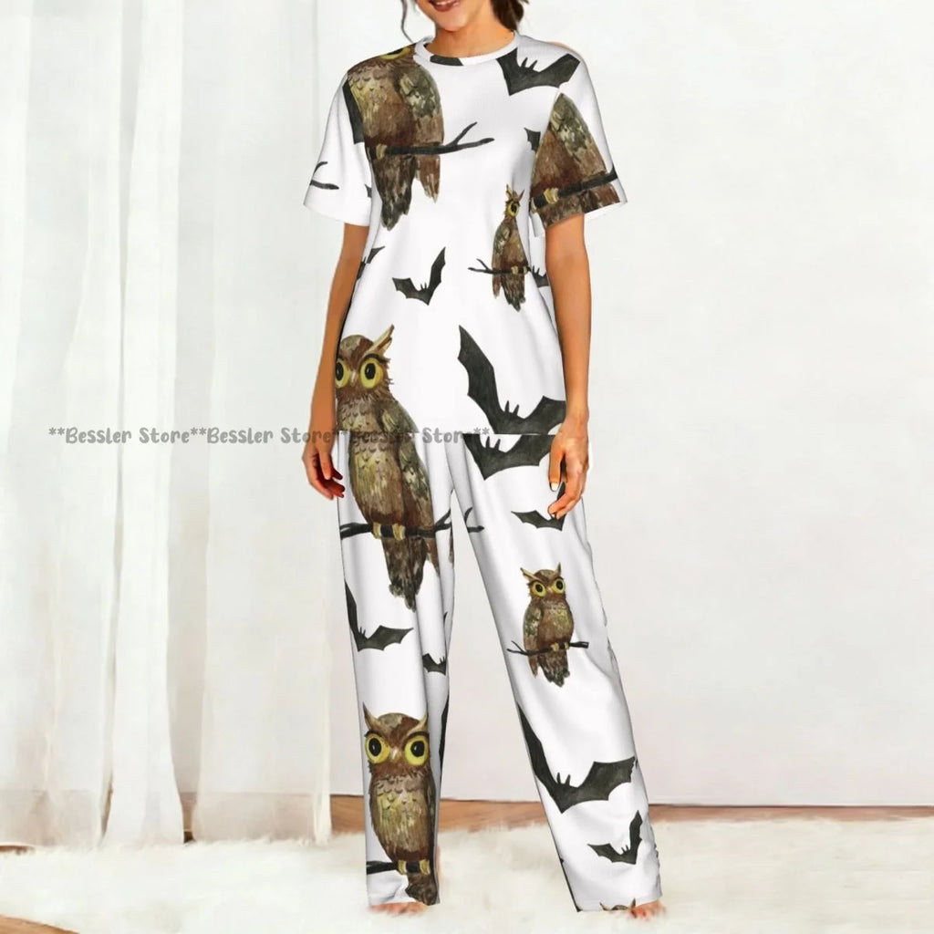 Women's 2-piece set Halloween Owls Bats Pattern Pajamas Short sleeved Top and Pants Sleepwear