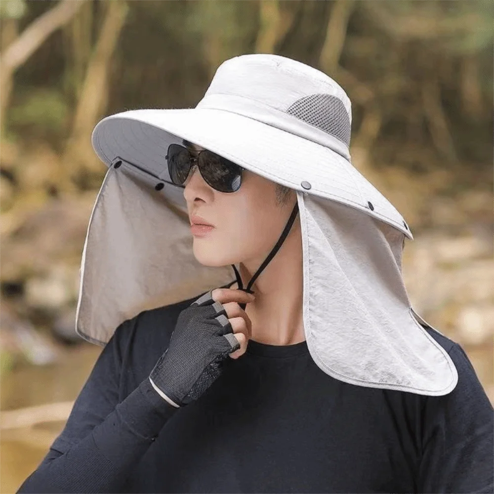 Removable Cloth Men Sun Hat Big Brim Neck Protection Women Visor Cap With Lanyard Sunscreen Summer Bucket Hat Women