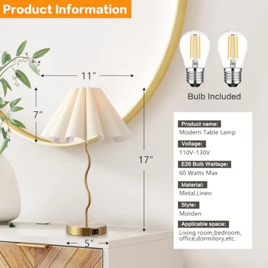 Pleated Table Lamp, Table Lamp for Bedroom, Bedside Lamps for Nightstand with Linen Lampshade, Modern Lamp for Bedroom Home Off