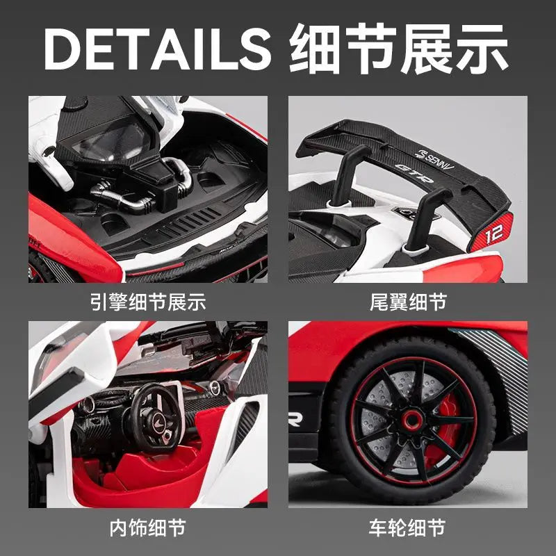 1:24 McLaren GTR Diecast Alloy Supercar Model 3 openable Parts Sound Light Pull Back for Car Collectors Hobby Display