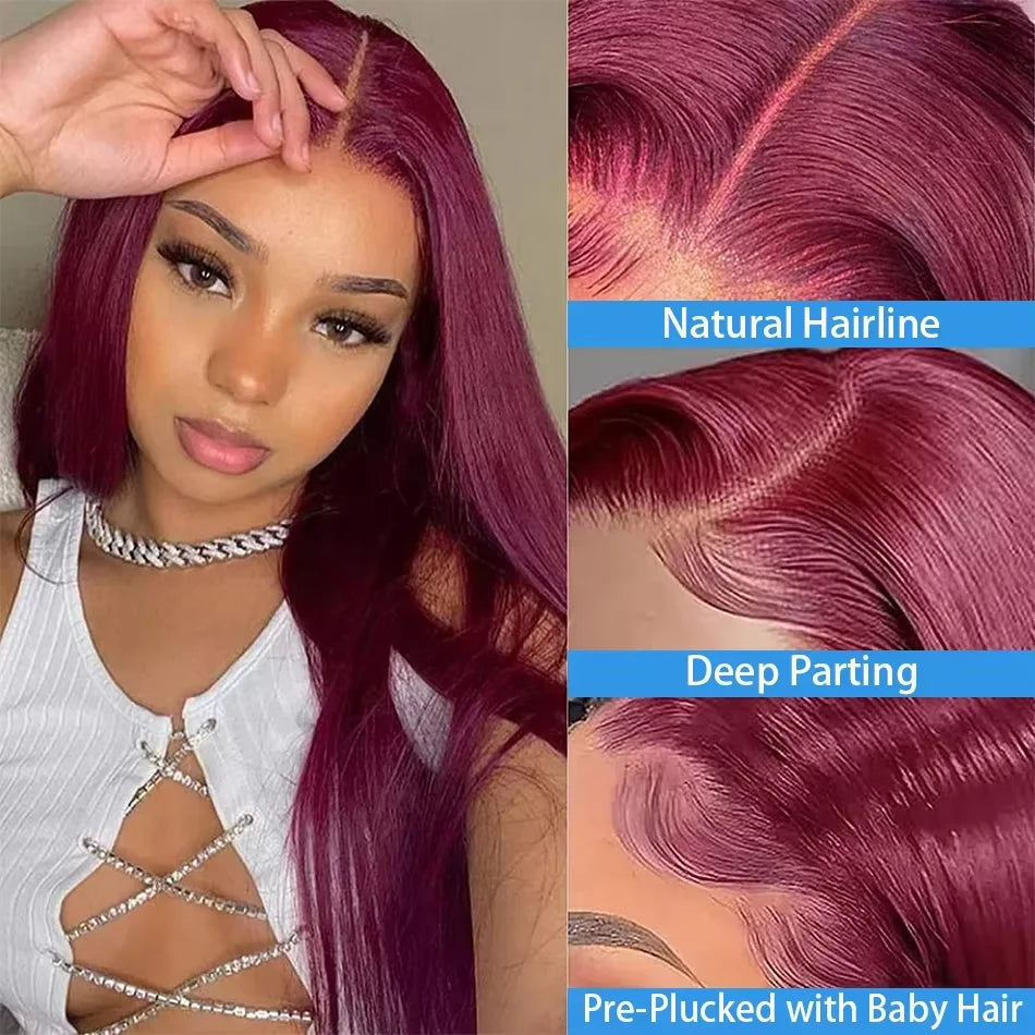 99J Burgundy Colored Human Hair 13x6 Transparent HD Lace Front Wig 40 42 Inches Brazilian Remy Hair Pre Plucked 13x4 Lace Frontal Wig For Women