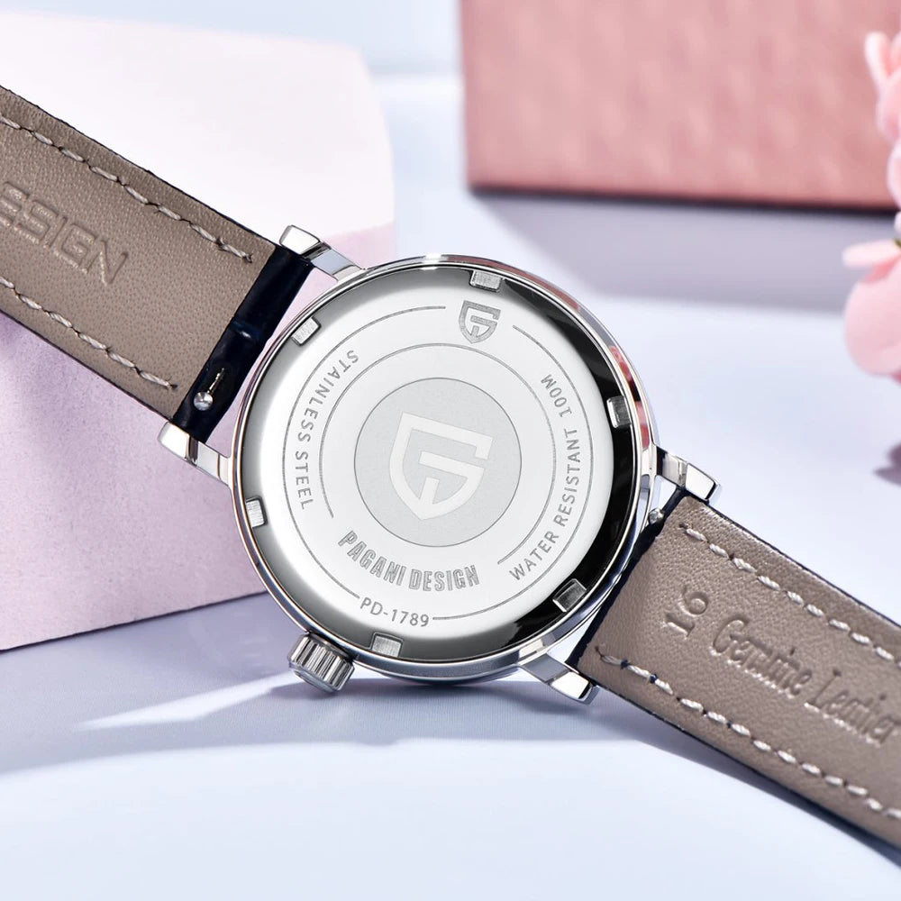 PAGANI DESIGN Women Quartz Watch Mop Dial Diamond Bezel Moon Phase Week Date Multi-function 50M Waterproof White Leather watch