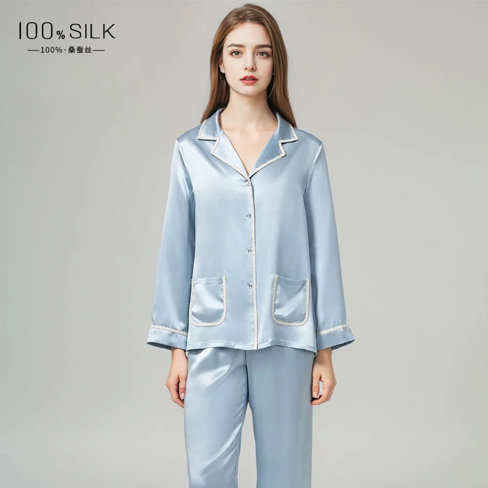 Spring Summer New Women's Heavyweight Mulberry Silk Pajamas Set - Luxury Soft Sleepwear Loungewear Outfit for Comfortable Nightw