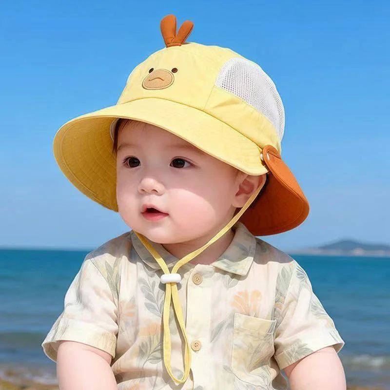 Baby Cartoon Bear Rabbit Ear Sun Hat Breathable Mesh Wide Brim Detachable Shawl UV Protection Visor Cap Summer Beach Travel Hat