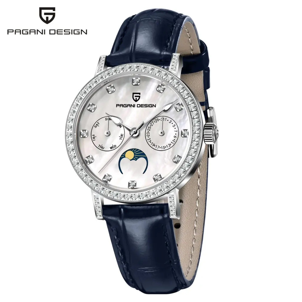 PAGANI DESIGN Women Quartz Watch Mop Dial Diamond Bezel Moon Phase Week Date Multi-function 50M Waterproof White Leather watch