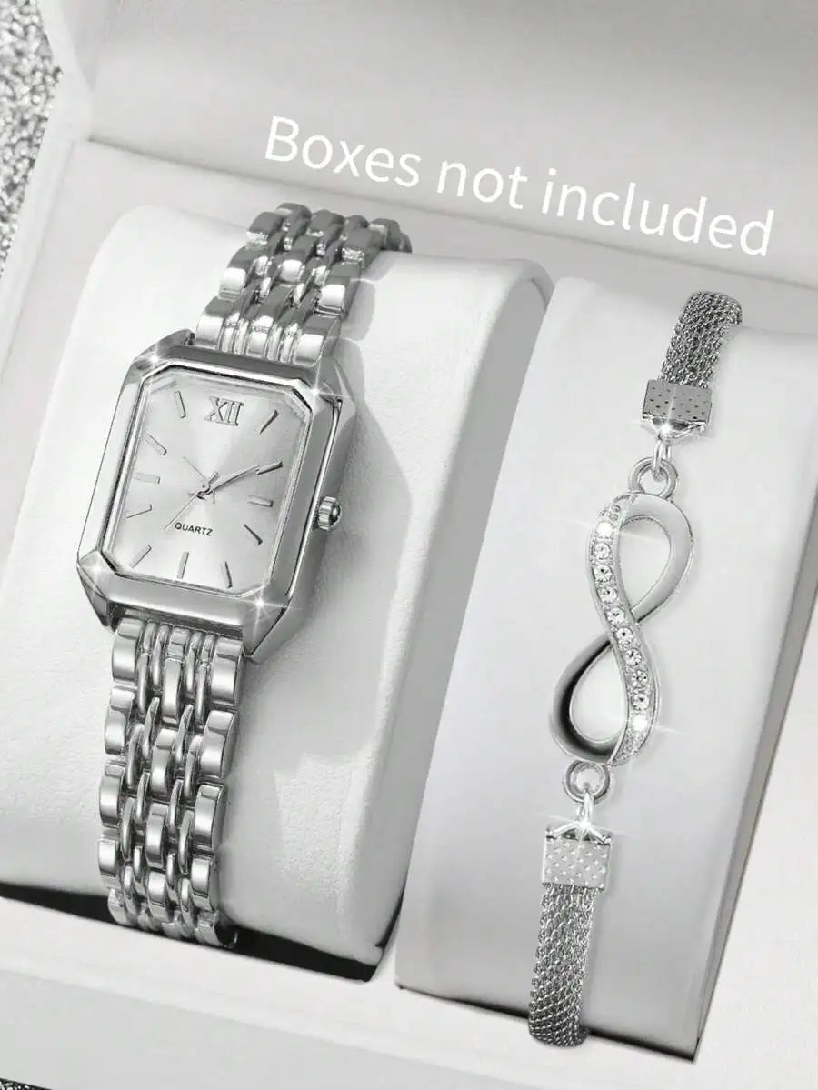 2pcs/Set Women's Fashion Casual Square Minimalist Dial Elegant Quartz Watch + Bracelet, Gift (Watch Box Not Included)