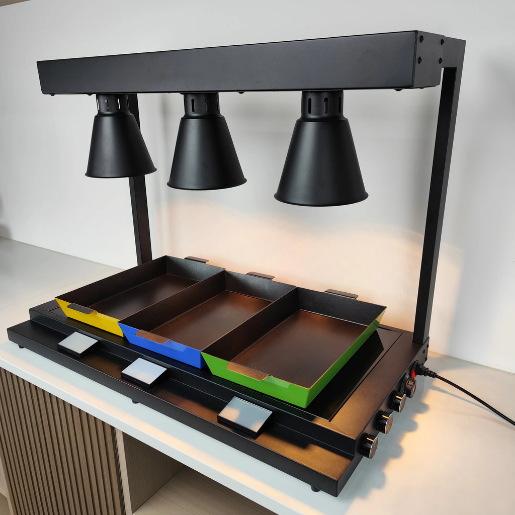 Black Dual-Sided Heating Warming Lamp Station with Infrared Lamp Food Warming Lamp  with Glass Warming Panel for Hotel Buffet